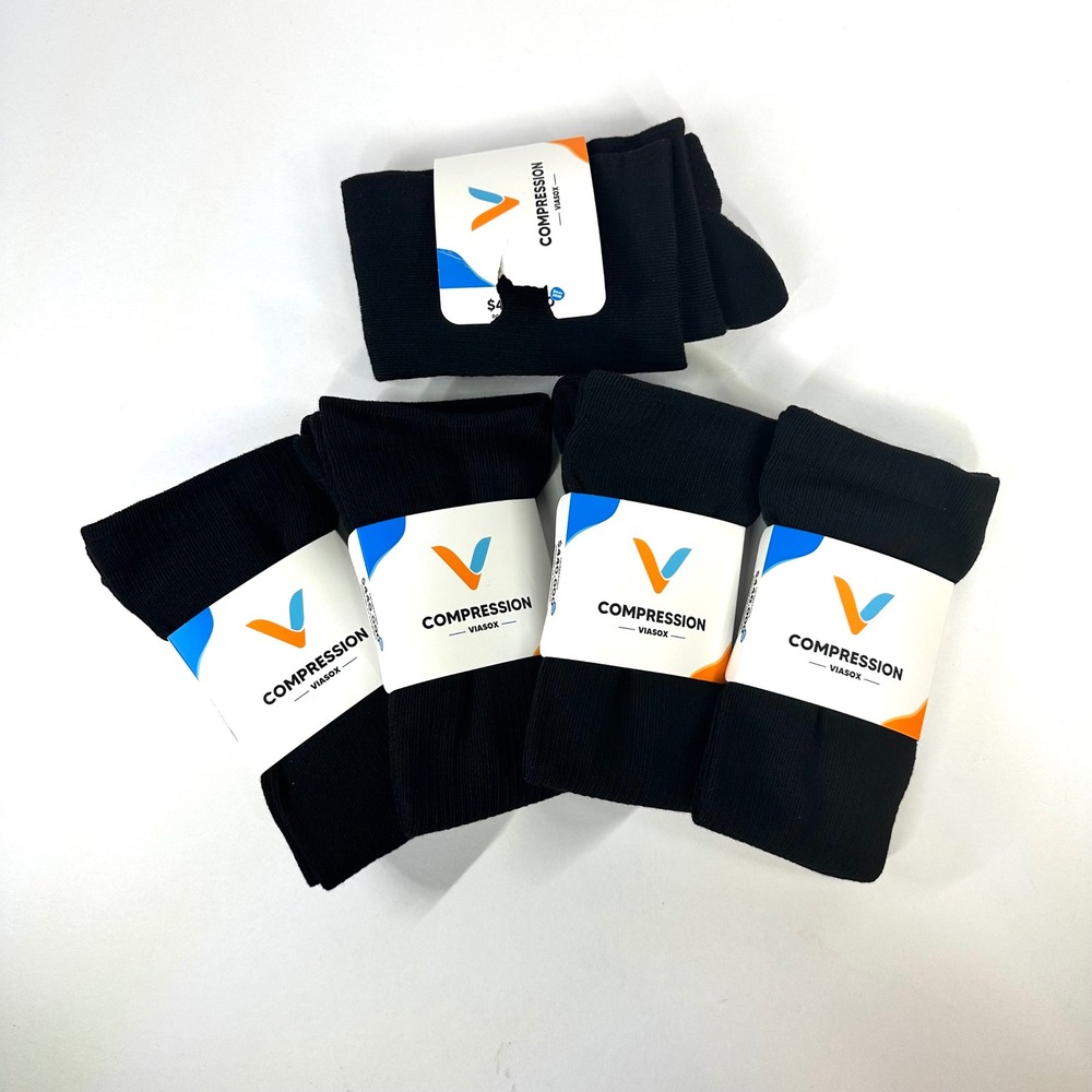 Viasox Compression Socks Black Knee High 5 Pairs Lot S/M Men 6-8 Women 5-9